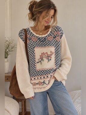 Carolina Colours Hand Knitted Floral Sweater Pink Navy White Ramie Blend Large